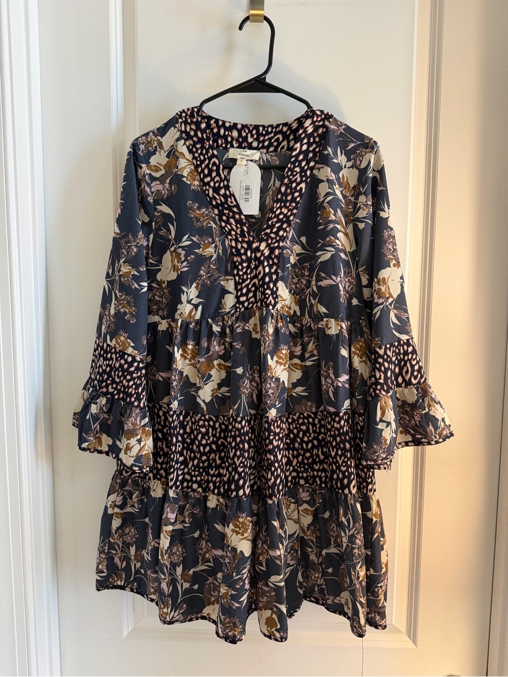 entro Navy and Camel Printed Tiered Dress